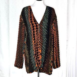 Sue Blue NY Boho Reversible Colorful Shirred Chenille Snap Front V-Neck Sweater